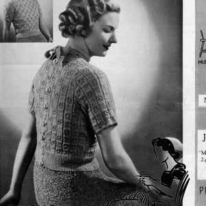 May include: A vintage knitting pattern for a short-sleeved sweater, featuring a close-up of the sweater and a model wearing it. The pattern is for a jumper made with "Munrospun" 2-ply crepe wool. The pattern number is 64 and the price is 2 pence.
