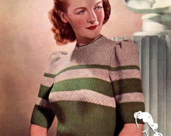 Wonderful Puffed Sleeve 1940s Striped Jumper 34 to 35 Bust Marriners 8 Vintage Knitting Pattern Instant Download PDF