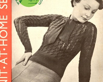 Drop Cable Stitch Jumper Sweater Pullover with Tie 34 Bust Lister 304 Vintage 1930s Knitting Pattern Instant Download