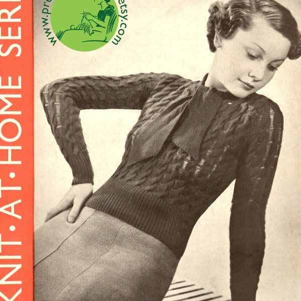 Drop Cable Stitch Jumper Sweater Pullover with Tie 34 Bust Lister 304 Vintage 1930s Knitting Pattern Instant Download