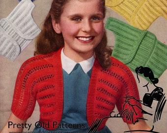 Girl's Lace Bolero in Thicker Yarn 5 Sizes Age 2 to 12 Weldons B1204 Early 1950s Vintage Knitting Pattern Instant PDF Download