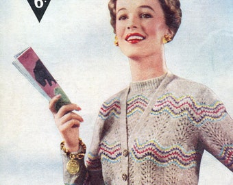 Beautiful 1950s Feather Stitch Twin Set Jumper Cardigan and Scarf 34 to 36 Bust Bestway B2559 Vintage Knitting Pattern Download
