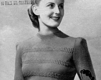 1940s Lace Stripe Puffed Sleeve Jumper with Long or Short Sleeves 36 Bust Weldons 332 Vintage Knitting Pattern