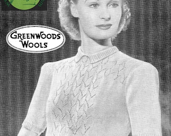 Classic 1940s Lace Jumper with Peter Pan Collar in Cotton 32 to 34 Bestway 1449 3 ply Light Fingering Vintage Knitting Pattern Pdf Download