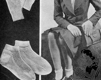 Ladies Lace Openwork Glove and Sock Set Bestway 1615 Vintage 1940s Knitting Pattern Instant Download