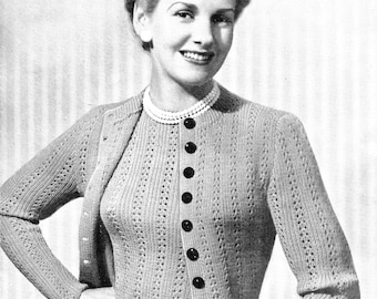 Early 1950s Ladys Twin Set with Fancy Lace Ribbing 3 Sizes 32 to 36 Bust Bestway 2354 Vintage Knitting Pattern Instant Download