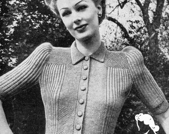 Button Up Blouse in Moss Stitch and Ribbing Puffed Sleeves Bestway 1297 34 Bust 1940s Vintage Knitting Pattern