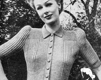 Molde de tricô para blusa de botões estilo anos 1940, ponto musgo, busto 34 (download digital)