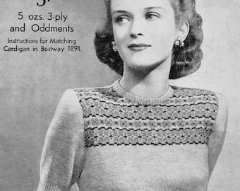 Beautiful 1940s Jumper with Fair Isle Yoke 34" Bust Bestway 1890 Vintage Knitting Pattern Download