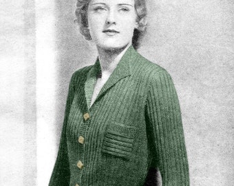 Fabulous All Over Rib 1930s Plus Size Cardigan Easy to Knit 42 to 46 Bust Vintage Knitting Pattern Pdf Download