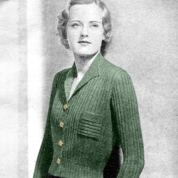 Fabulous All Over Rib 1930s Plus Size Cardigan Easy to Knit 42 to 46 Bust Vintage Knitting Pattern Pdf Download