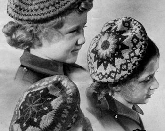 Girls' Fair Isle Berets Knitting Pattern, Vintage 1940s (Digital Download)