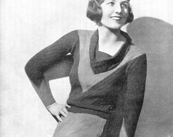 Stunning Ladies Draped Neckline 1930s Jumper 35 Bust Stitchcraft 1933 Vintage Knitting Pattern Instant Download Pdf