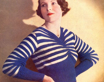 Amazing Striped 1930s Jumper with Deep Ribbing 34 Bust Stitchcraft February 1933 Vintage Knitting Pattern Pdf