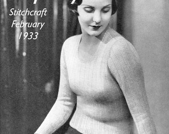 Simple Easy to Knit Ribbed Jumper 34 Bust Stitchcraft February 1933 Vintage Knitting Pattern Instant Download