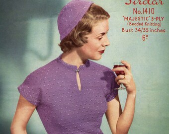 Lady's Beaded Sweater Blouse and Juliet Cap 34 to 35 bust Sirdar 1410 Early 1950s Vintage Knitting Pattern Instant PDF Download