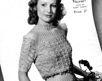 Lady's Fancy Sweater Jumper Bobbles and Lace Golden Eagle 625 Bust 34 to 36 Early 1940s Vintage Knitting Pattern Instant PDF Download