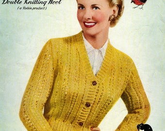 Lady's Lacy Cardigan Quick to Knit Plus Size 3 Sizes 32 to 44 Bust Robin 436 Early 1950s Vintage Knitting Pattern Instant PDF Download