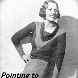 May include: A black and white photograph of a woman wearing a knitted jumper with a V-neck and a contrasting colour panel. The jumper has a geometric design. The photo is from a vintage knitting pattern magazine. The text "Pointing to Smartness" and "Stitchcraft February 1933" is printed below the image.
