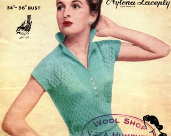 Ladies Lace Blouse with Moss Stich Collar and Revers 34 to 36 Bust Robin 405 Early 1950s Vintage Knitting Pattern Instant PDF Download