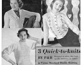 3 Quick to Knit Cardigans and Jumper Three Sizes 34 to 38 Bust Patons 352 Vintage 1950s Knitting Pattern Download