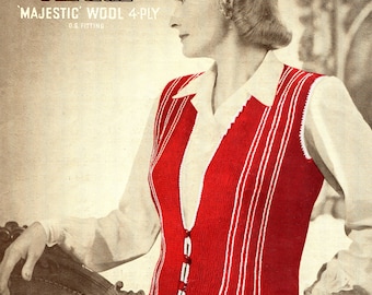 Vintage 1940s Womens Easy to Knit Waistcoat Vest 40 Bust Plus Size Sirdar 1196 Knitting Pattern Instant PDF Download