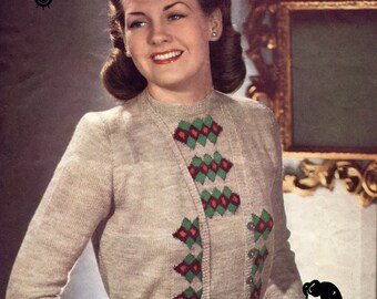 Ladies Fair Isle Argyll Twin Set 34 to 36 Bust Lee Target 655 Vintage 1940s Knitting Pattern Instant Download