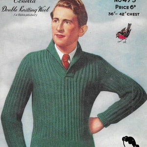 May include: A vintage knitting pattern for a green sweater with a v-neck and button closure. The pattern is for a chest size of 36 to 42 inches. The pattern is titled "Conella Double Knitting Wool" and is a Robin product. The pattern number is 475 and the price is 6d.