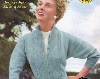 Diamond Lace Fronted Dolman Cardigan Bust 32, 34 and 36 Marriners 243 Vintage 1950s Knitting Pattern Pdf