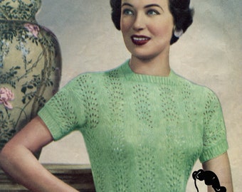 1950s Lace Knit Blouse Pattern, Plus Size Jumper (Digital Download)