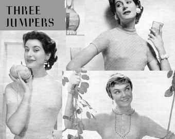 3 Classic 1950s Short Sleeve Ladies Jumpers Bust 32 to 38 Patons 780 Vintage Knitting Pattern Instant Download