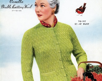 Lady's Bobble Stitch Cardigan Coat Plus Size 3 Sizes 32 to 44 Bust Robin 654 Early 1950s Vintage Knitting Pattern Instant PDF Download