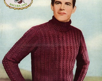 Molde para suéter de tricô estilo anos 1940 com efeito de tranças, tamanhos masculinos 38-42 (Download digital)