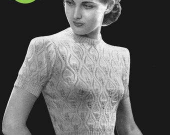 Peacock Feather Lace Stitch Ladies Jumper Blouse Sweater Petite 33 Bust Weldons 233 1940s Vintage Knitting Pattern Pdf Download