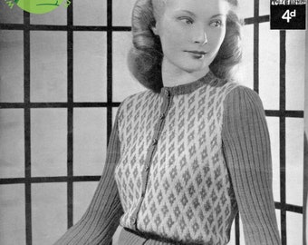Lovely Fair Isle Cardigan Coat Bust 34 to 36  Lister Lavenda 1026 Vintage 1940s Colorwork Knitting Pattern Download