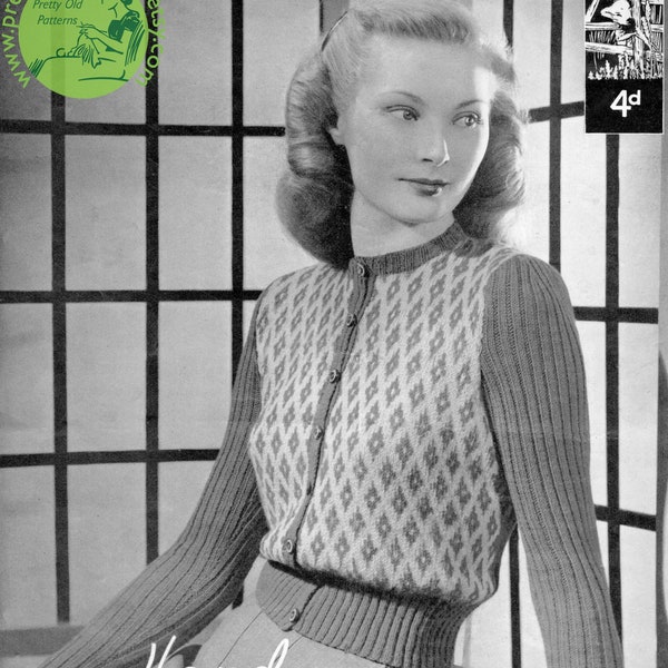 Lovely Fair Isle Cardigan Coat Bust 34 to 36  Lister Lavenda 1026 Vintage 1940s Colorwork Knitting Pattern Download
