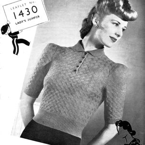 Basketweave Texture Puff Sleeve Jumper Blouse 34 Bust Copley&#39;s 1430 Vintage 1940s Vintage Knitting Pattern Instant pdf Download