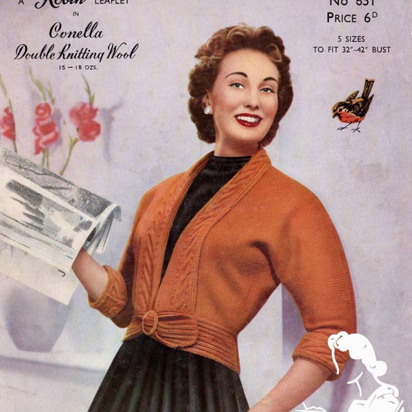 Wonderful 1950s Lady's Cable Front Jacket 5 Sizes 32 to 42 Bust Robin 651 Plus Size Vintage Knitting Pattern Instant Download PDF