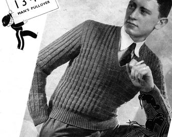 Modello lavorato a maglia pullover con scollo a V in tessuto intrecciato da uomo, petto da 40" (download PDF)