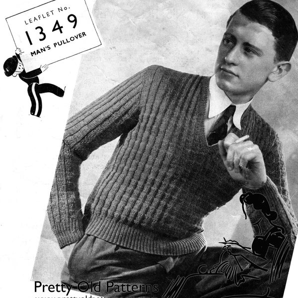 Mens Basketweave Stitch Pullover Sweater Chest 40 Copleys 1349 Wartime 1940s Vintage Knitting Pattern Instant PDF Download