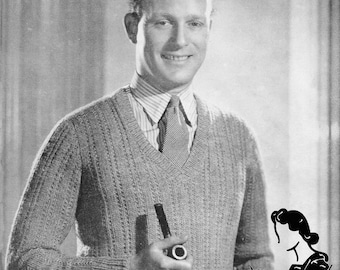 1930er Herren Rippenmuster Pullover mit V-Ausschnitt Strickmuster (Digitaler Download)
