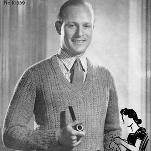 May include: Black and white image of a man wearing a gray knitted sweater with a V-neck. He is holding a pipe in his right hand. The image includes the text "Pretty Old Patterns" and "IN W.B. "KWIKNIT" WOOL (38 ins.)".