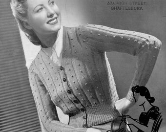 Early 1940s Petite Ladies Drop Stitch and Bobble Cardigan 32 Bust Patons 3709 Vintage Knitting Pattern Download Pdf