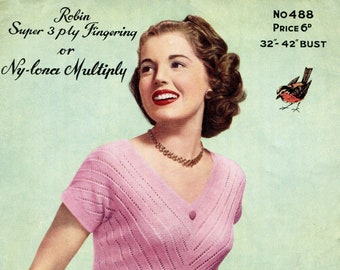 Sexy 1950s Low V-Neck Blouse Top 3 Sizes 32 to 42 Plus Size Bust Robin 488 Vintage Knitting Pattern Instant Download