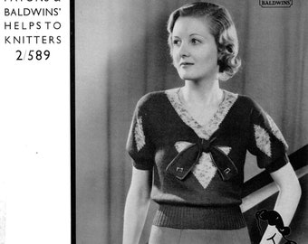 1930s Diamond Jumper Knitting Pattern, Bust 37 (PDF Download)