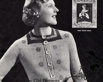 Modello per cardigan a punto waffle anni '30 con ricamo (download digitale)