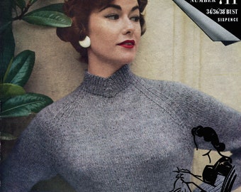 Slim Fit Classic 1950s Raglan Jumper 3 Sizes 34 to 38 Bust Wendy 711 Vintage Knitting Pattern Download Pdf