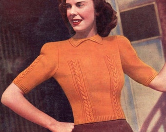 Maglione a trecce con maniche a sbuffo da donna anni '40, busto 34, modello di maglia vintage Marriners 18 da scaricare