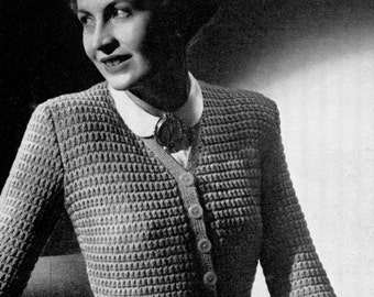 Lovely 1940s Waffle Stitch V-Neck Cardigan 38 Bust Patons 215 Vintage Knitting Pattern Pdf Download