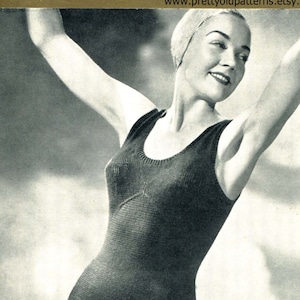 May include: Vintage knitting pattern for a black swimsuit, designed to fit a 34 inch bust. The pattern is titled "3-TO FIT 34 INCH BUST-353" and includes instructions for using Patons Beehive Fingering 3-ply yarn.